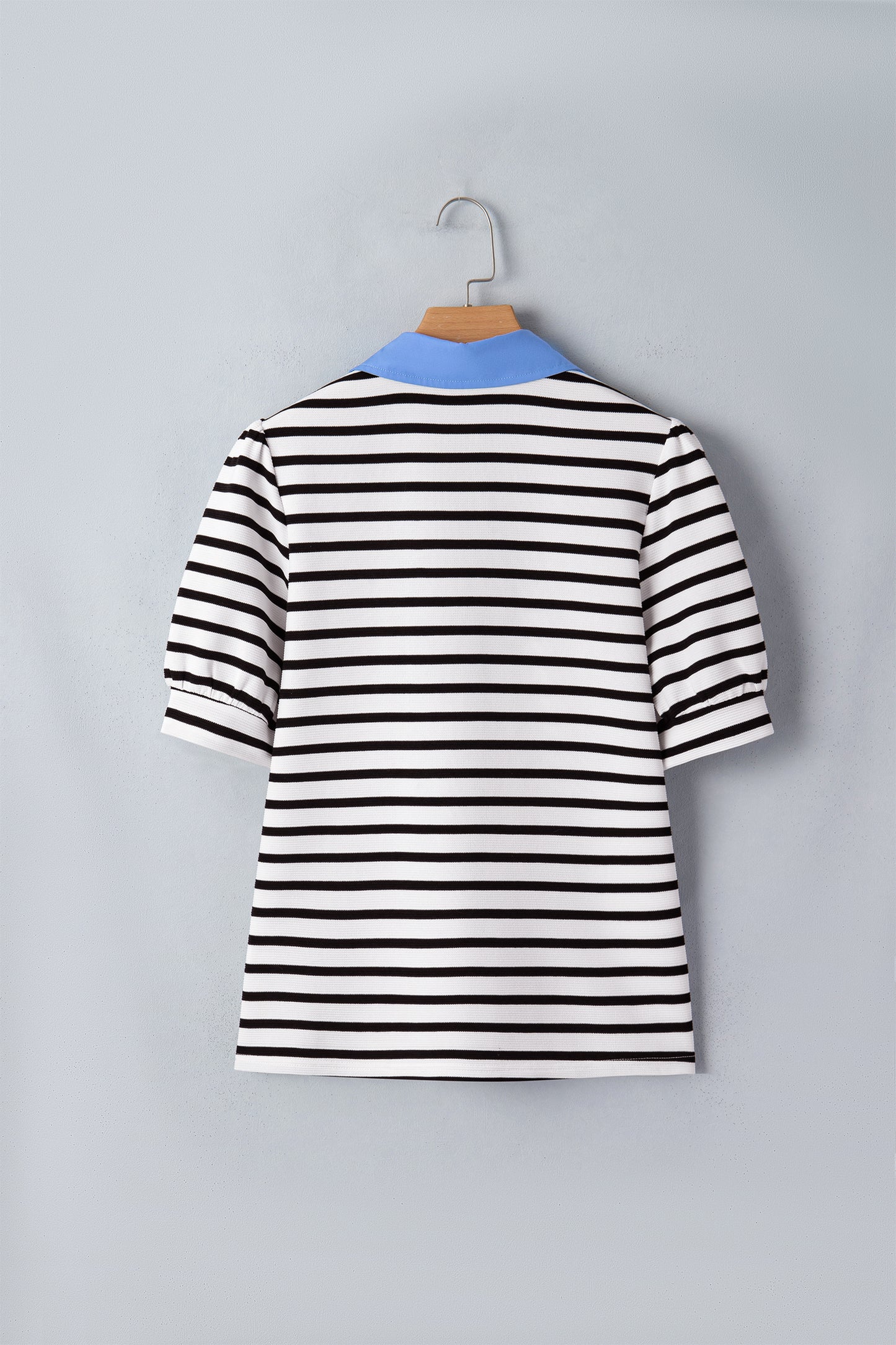 Black Stripe Puff Sleeve Color Block Polo Blouse