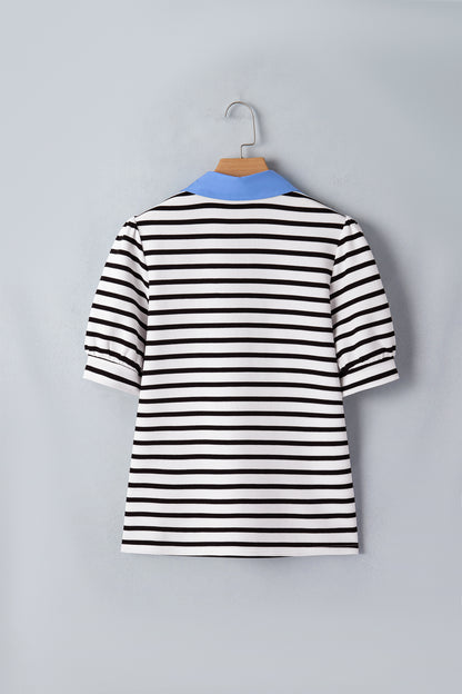 Black Stripe Puff Sleeve Color Block Polo Blouse
