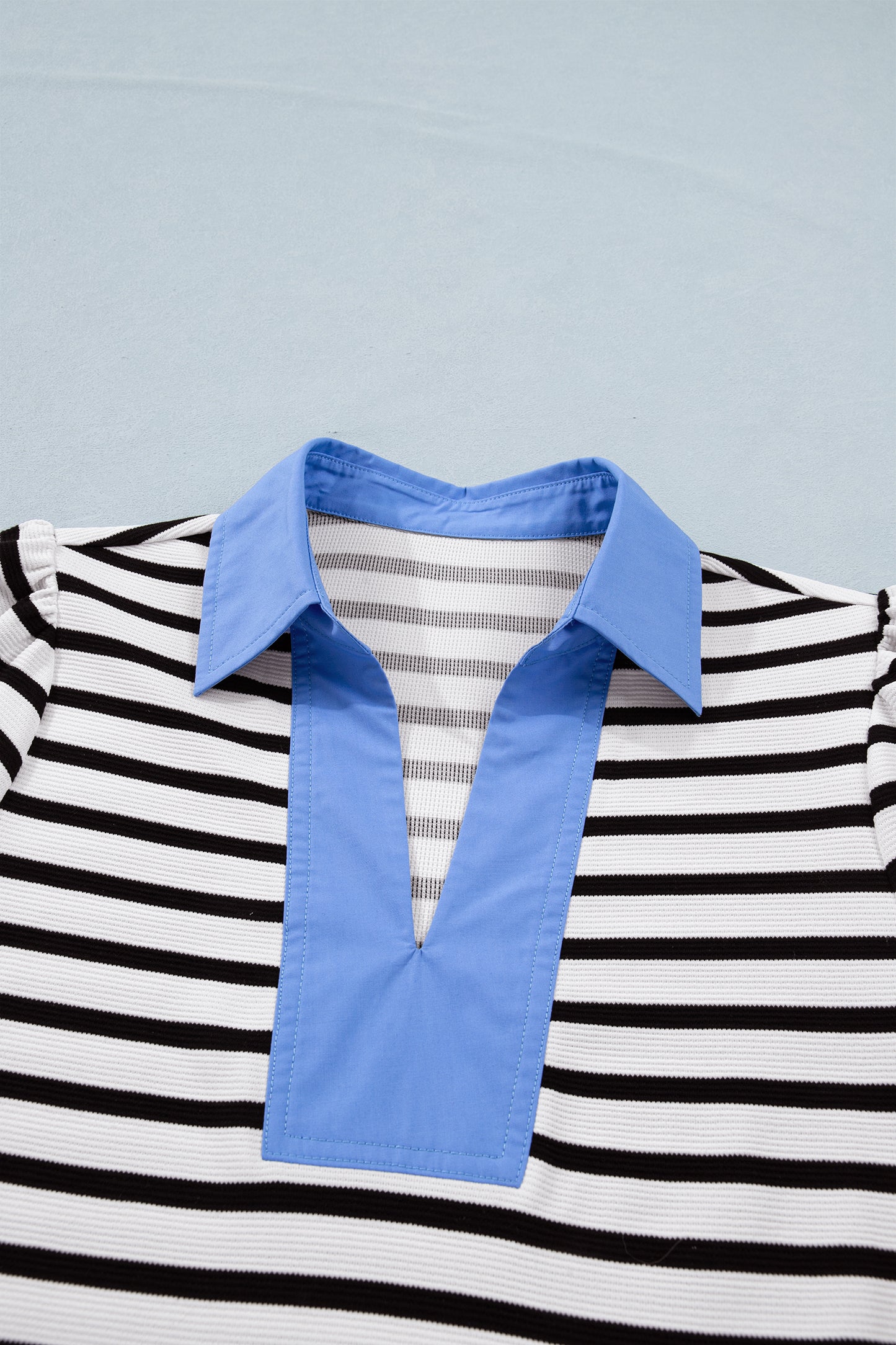 Black Stripe Puff Sleeve Color Block Polo Blouse