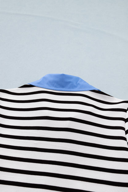 Black Stripe Puff Sleeve Color Block Polo Blouse