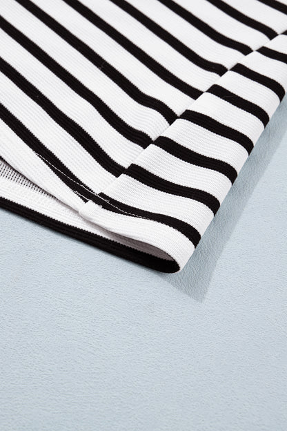 Black Stripe Puff Sleeve Color Block Polo Blouse