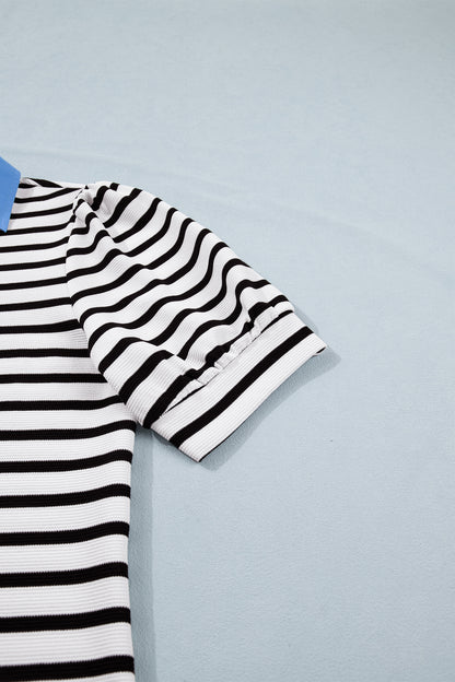 Black Stripe Puff Sleeve Color Block Polo Blouse