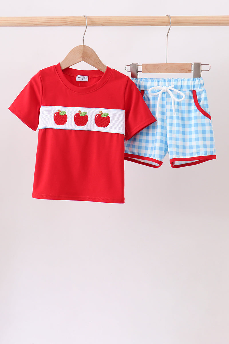 Blue Apple Appliqué Gingham Shorts Boys Set