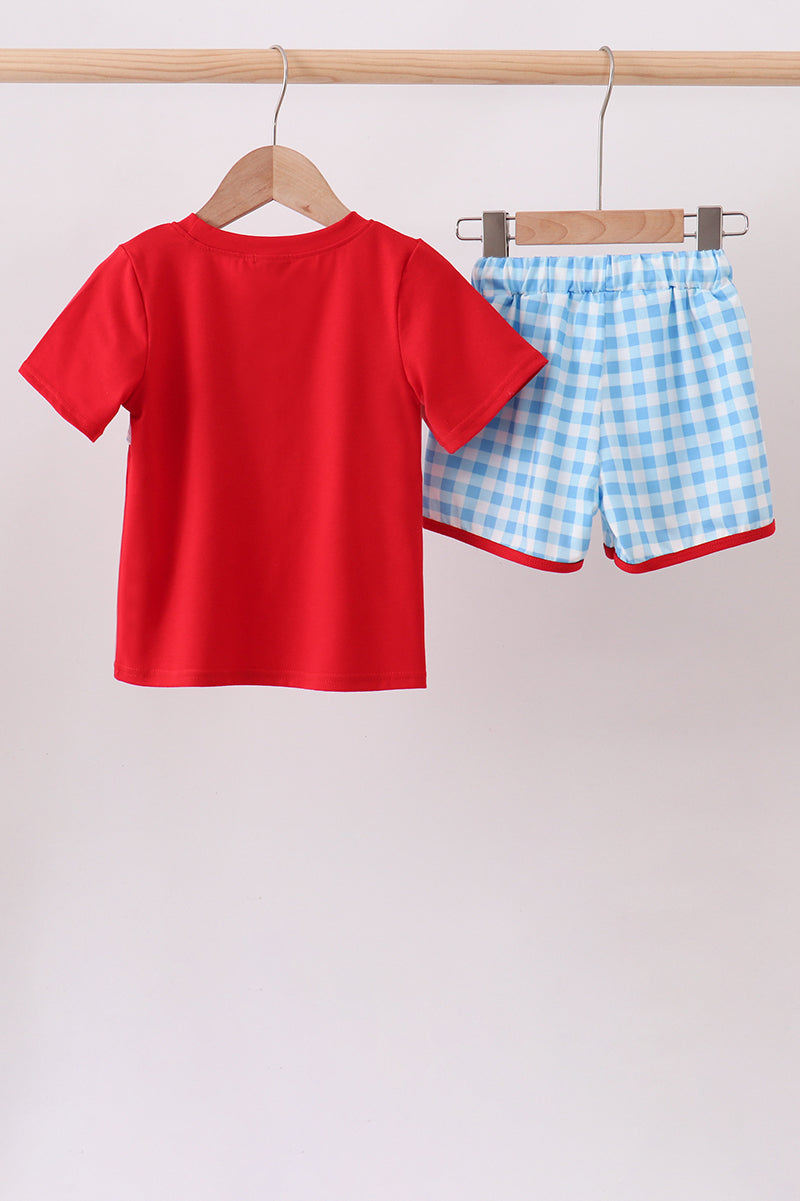 Blue Apple Appliqué Gingham Shorts Boys Set