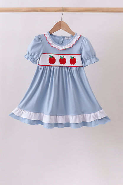 Blue Apple Embroidered Girls Dress