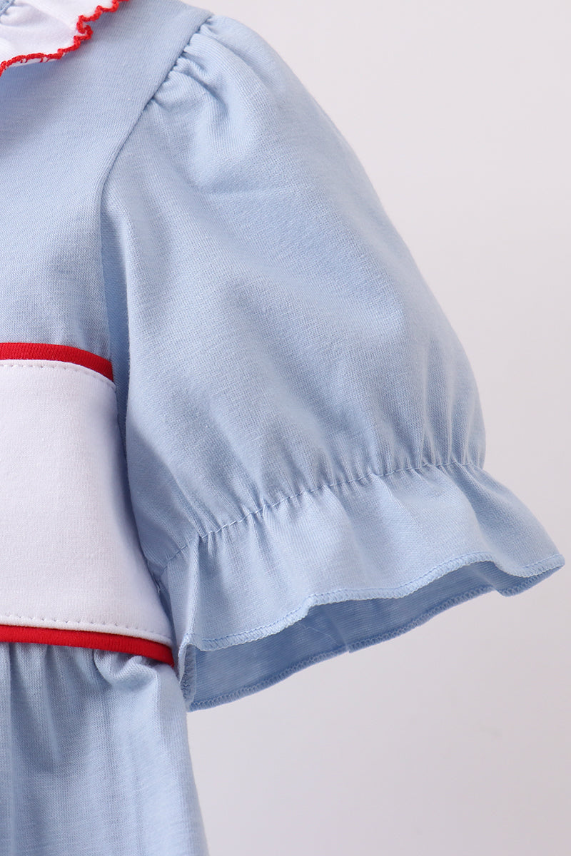 Blue Apple Embroidered Girls Dress