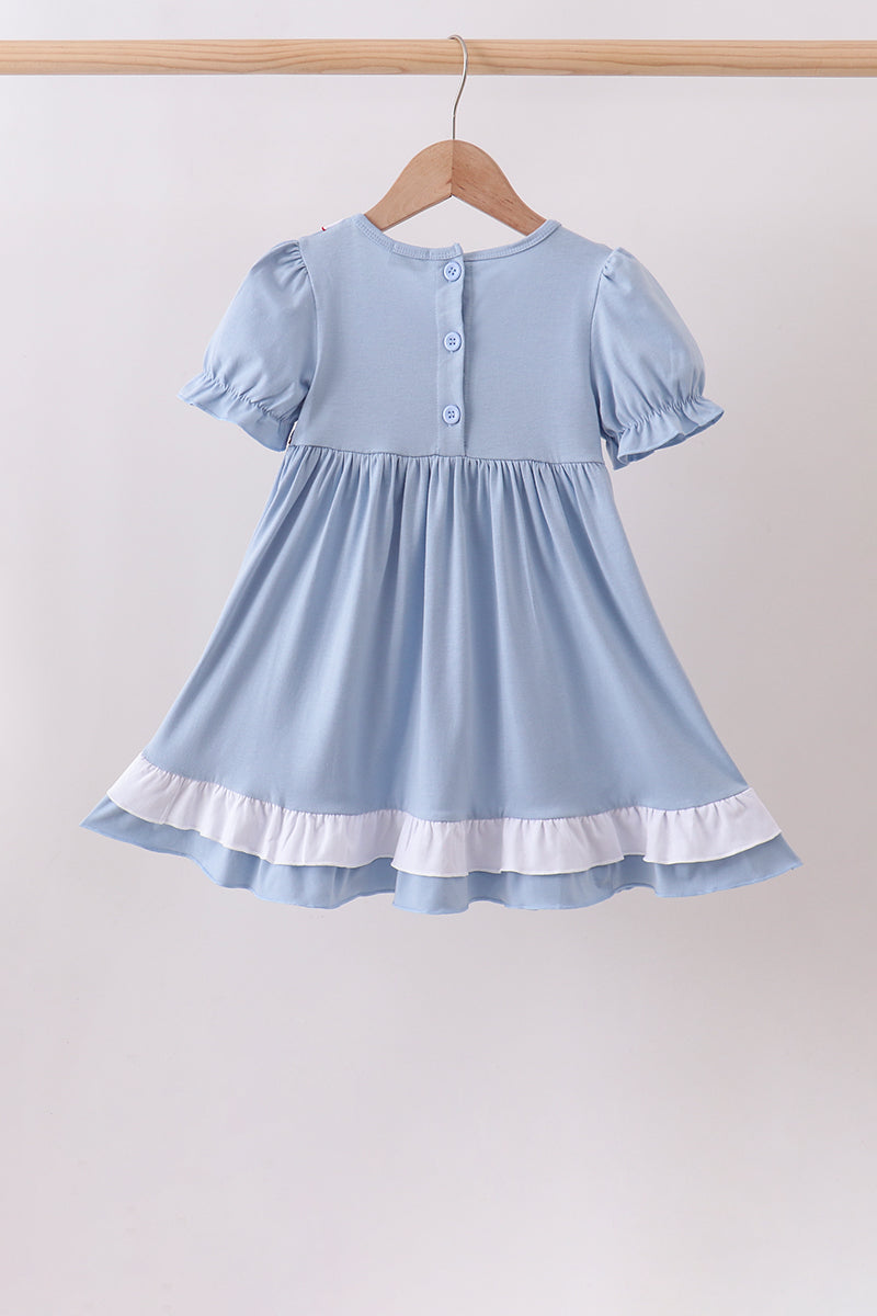 Blue Apple Embroidered Girls Dress