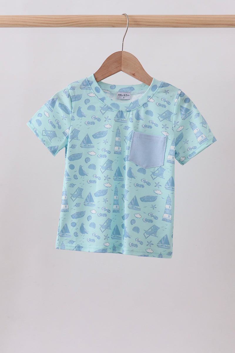 Blue Beach Print Pocket Top for Boys