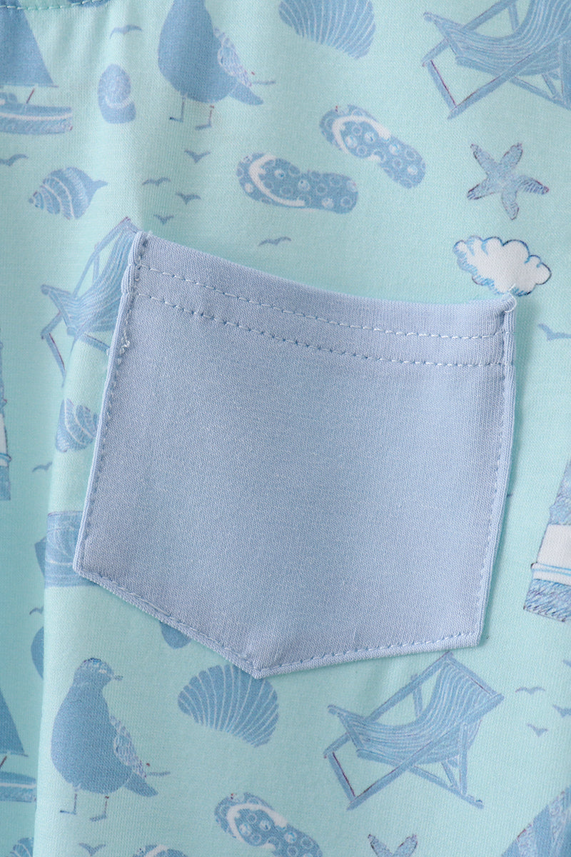 Blue Beach Print Pocket Top for Boys