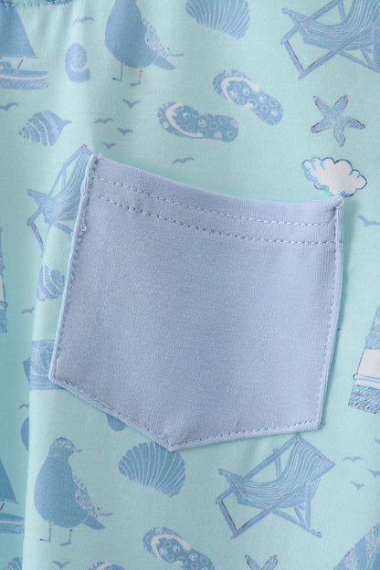 Blue Beach Print Pocket Top for Boys