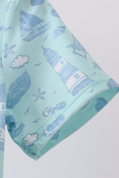 Blue Beach Print Pocket Top for Boys
