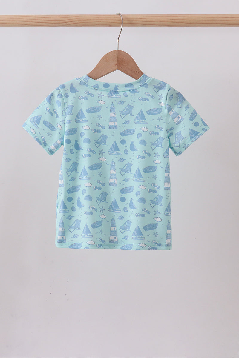 Blue Beach Print Pocket Top for Boys
