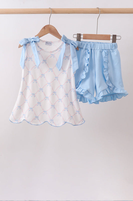 Blue Bow Ribbon Print Ruffle Shorts Set for Girls