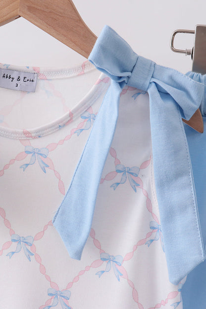 Blue Bow Ribbon Print Ruffle Shorts Set for Girls