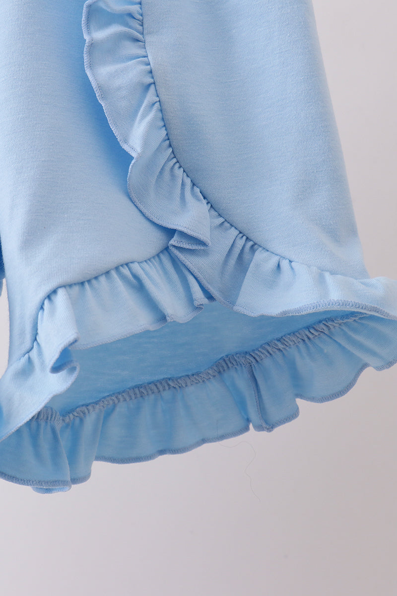 Blue Bow Ribbon Print Ruffle Shorts Set for Girls