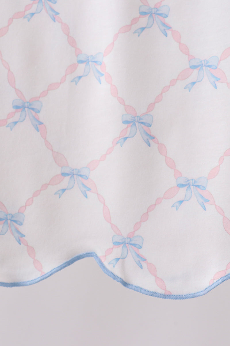 Blue Bow Ribbon Print Ruffle Shorts Set for Girls