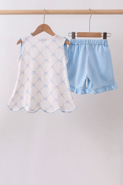 Blue Bow Ribbon Print Ruffle Shorts Set for Girls