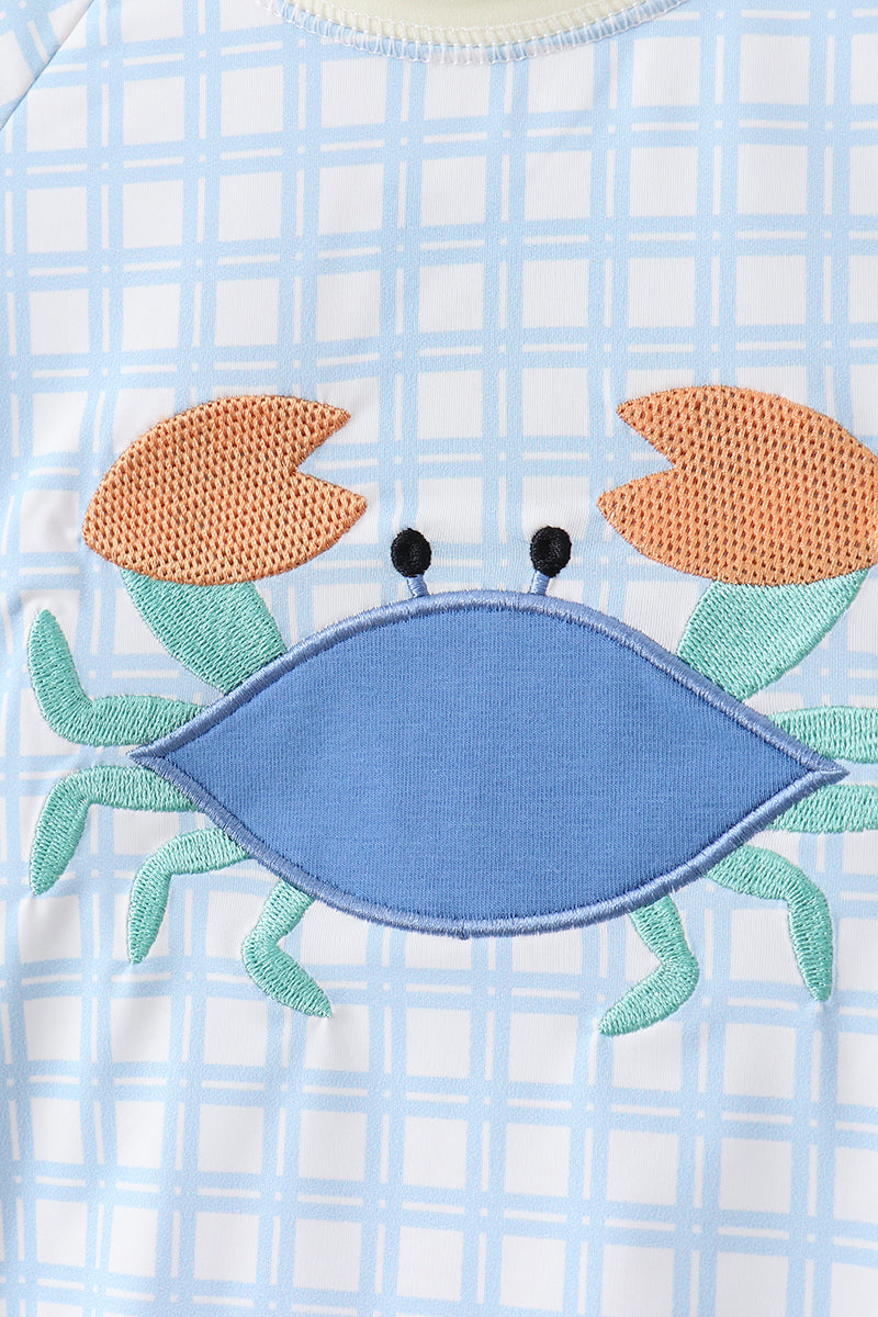 Blue Crab Appliqué Plaid 2-Piece Boys Rashguard Set