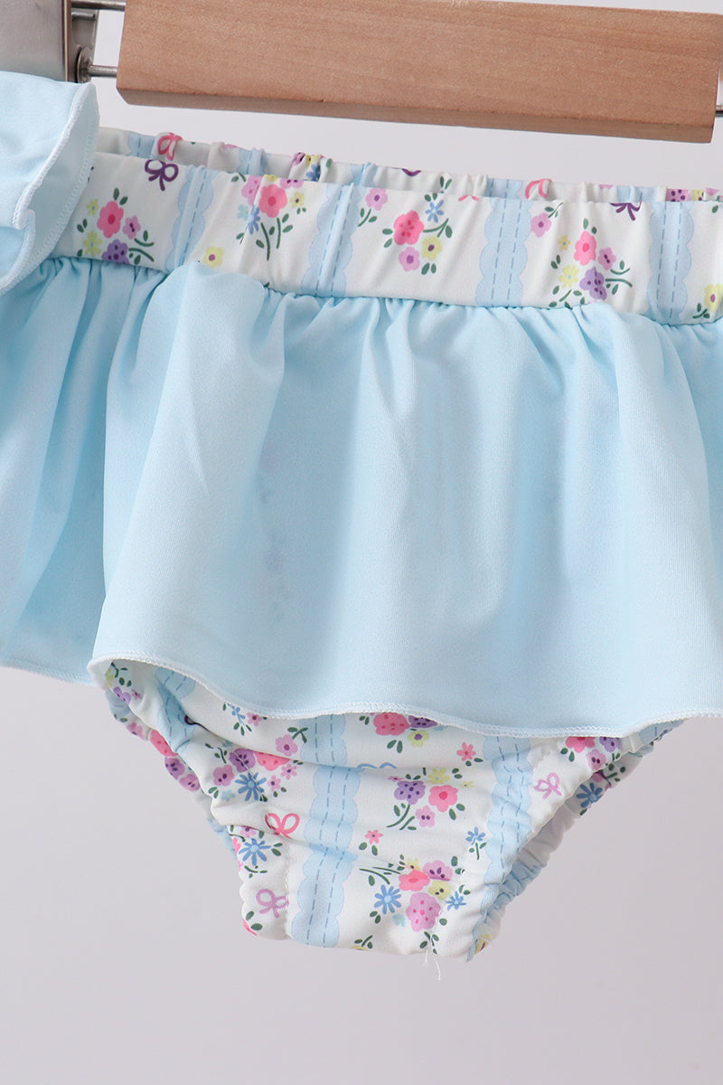 Blue Floral Ruffle 2-Piece Girls Swimsuit