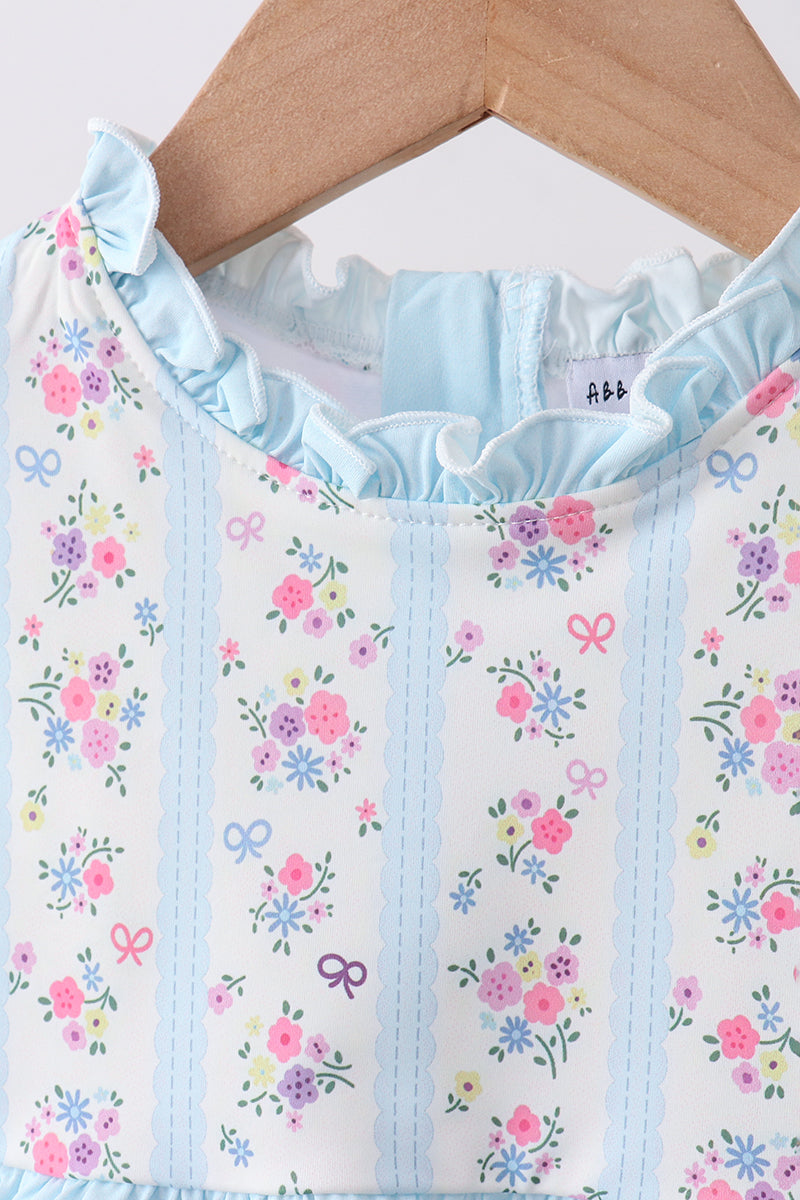 Blue Floral Ruffle 2-Piece Girls Swimsuit