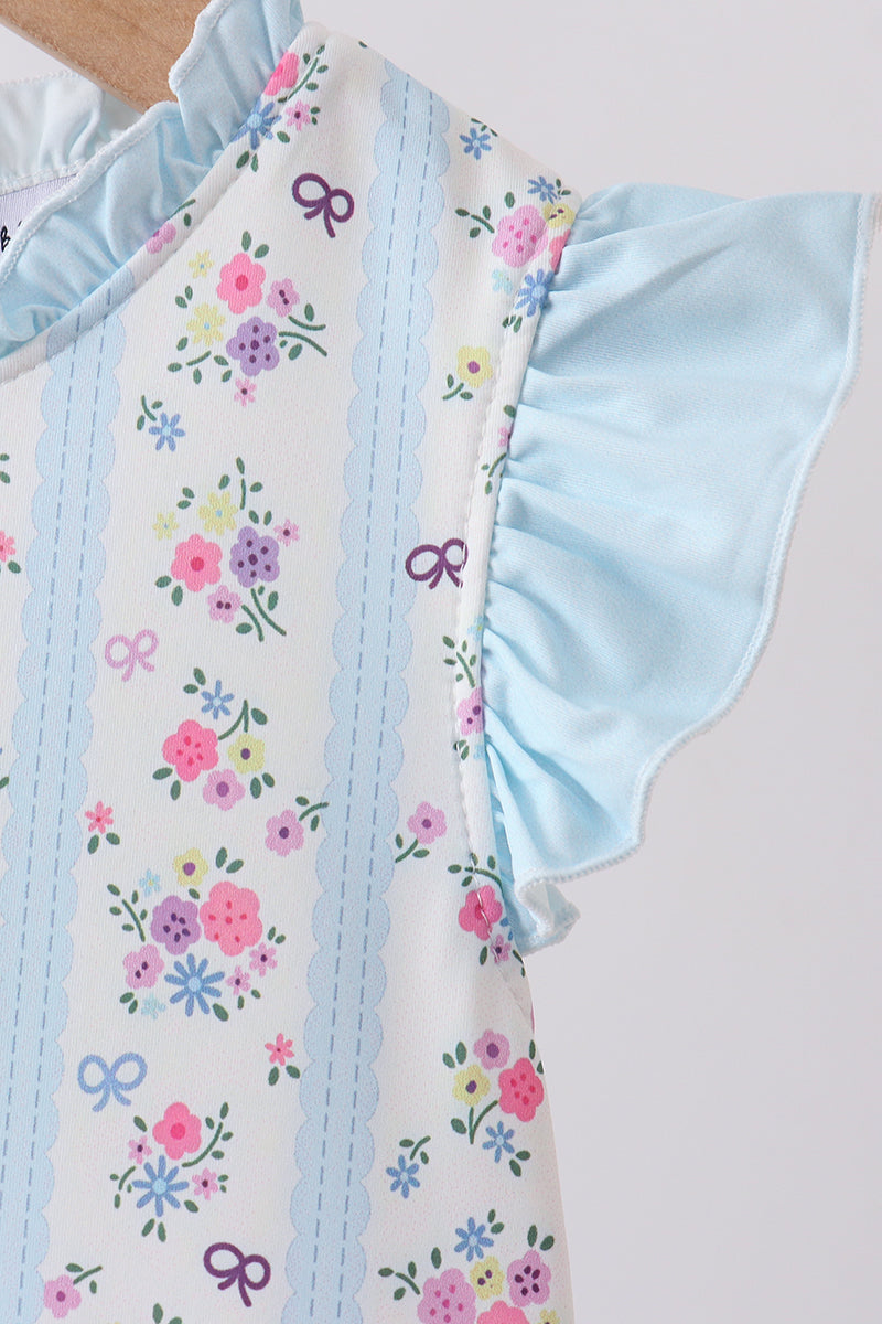 Blue Floral Ruffle One-Piece Girls Swimsuit