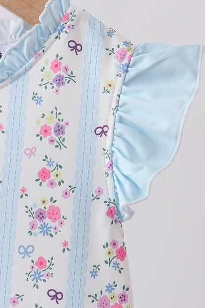 Blue Floral Ruffle One-Piece Girls Swimsuit