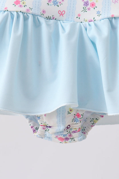 Blue Floral Ruffle One-Piece Girls Swimsuit