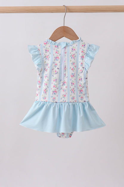 Blue Floral Ruffle One-Piece Girls Swimsuit