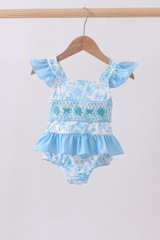 Blue Rose Smocked Ruffle One-Piece Girls Swimsuit