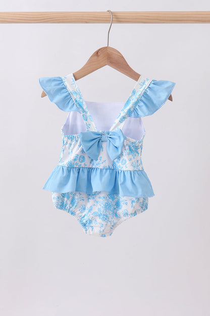 Blue Rose Smocked Ruffle One-Piece Girls Swimsuit