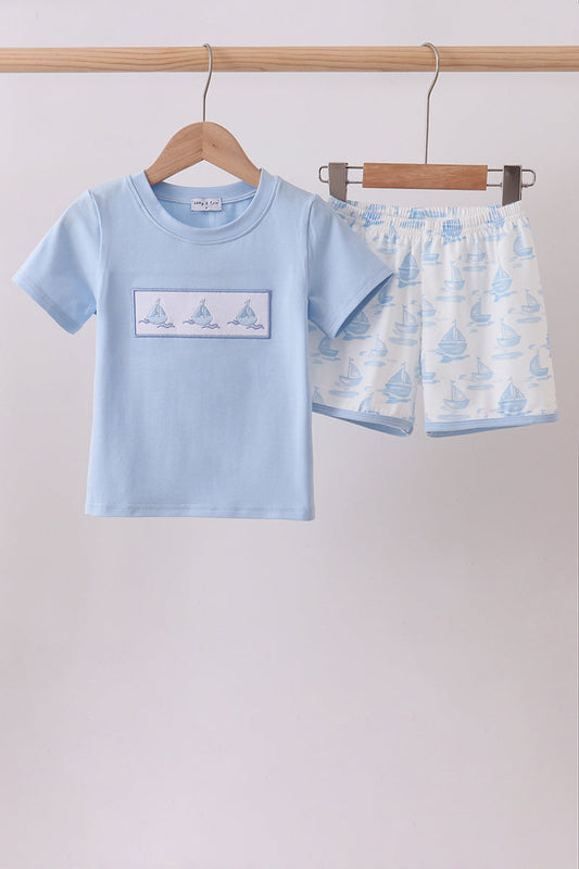 Blue Sailboat Embroidered Knit Boys Set