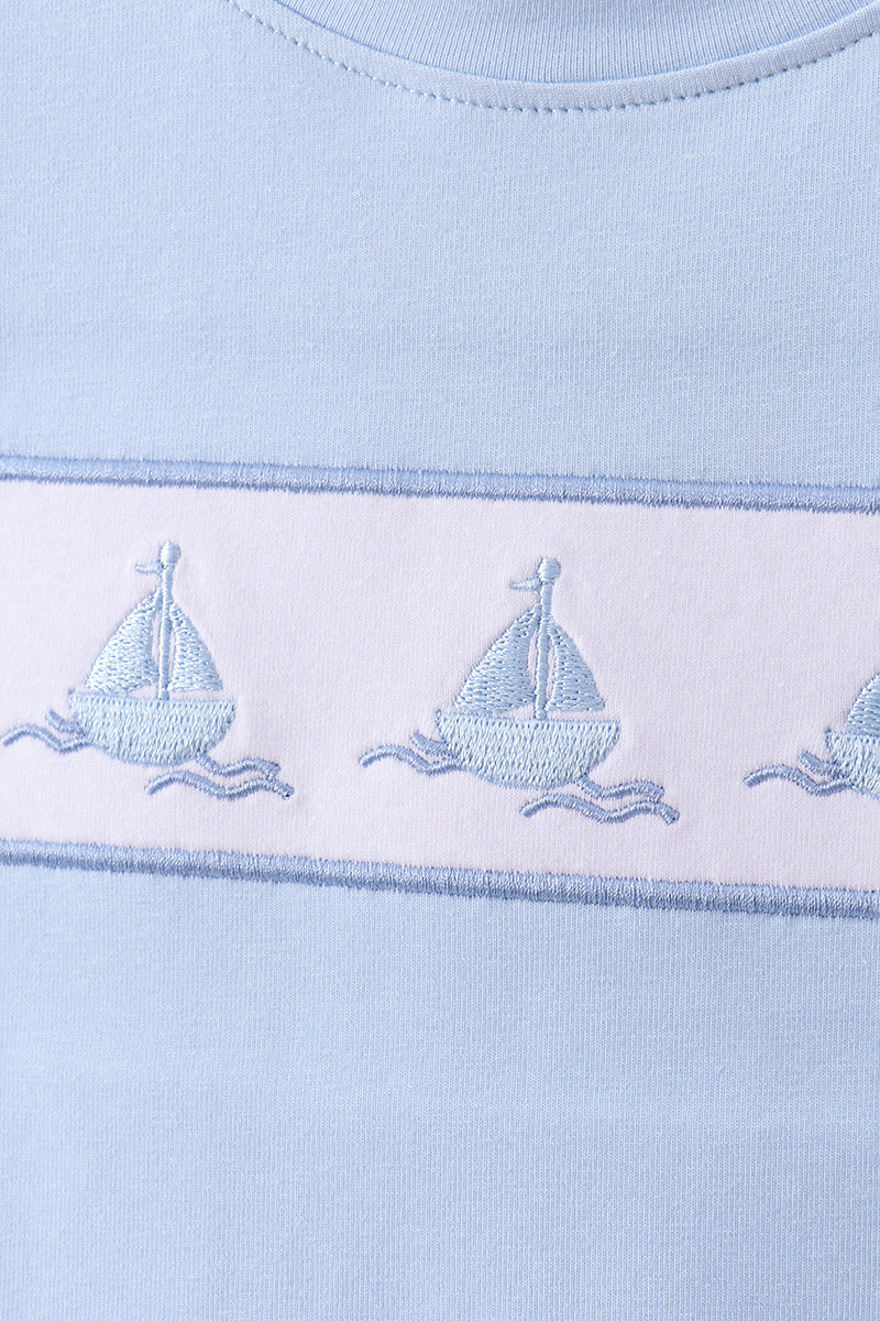Blue Sailboat Embroidered Knit Boys Set