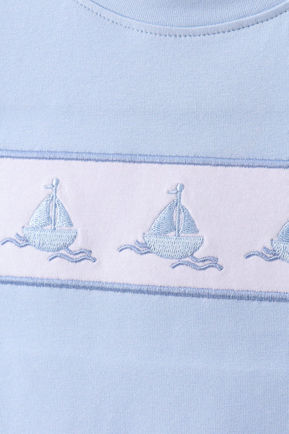 Blue Sailboat Embroidered Knit Boys Set