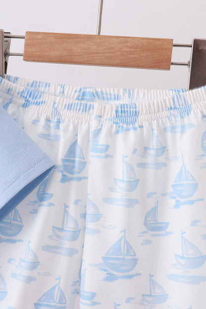Blue Sailboat Embroidered Knit Boys Set