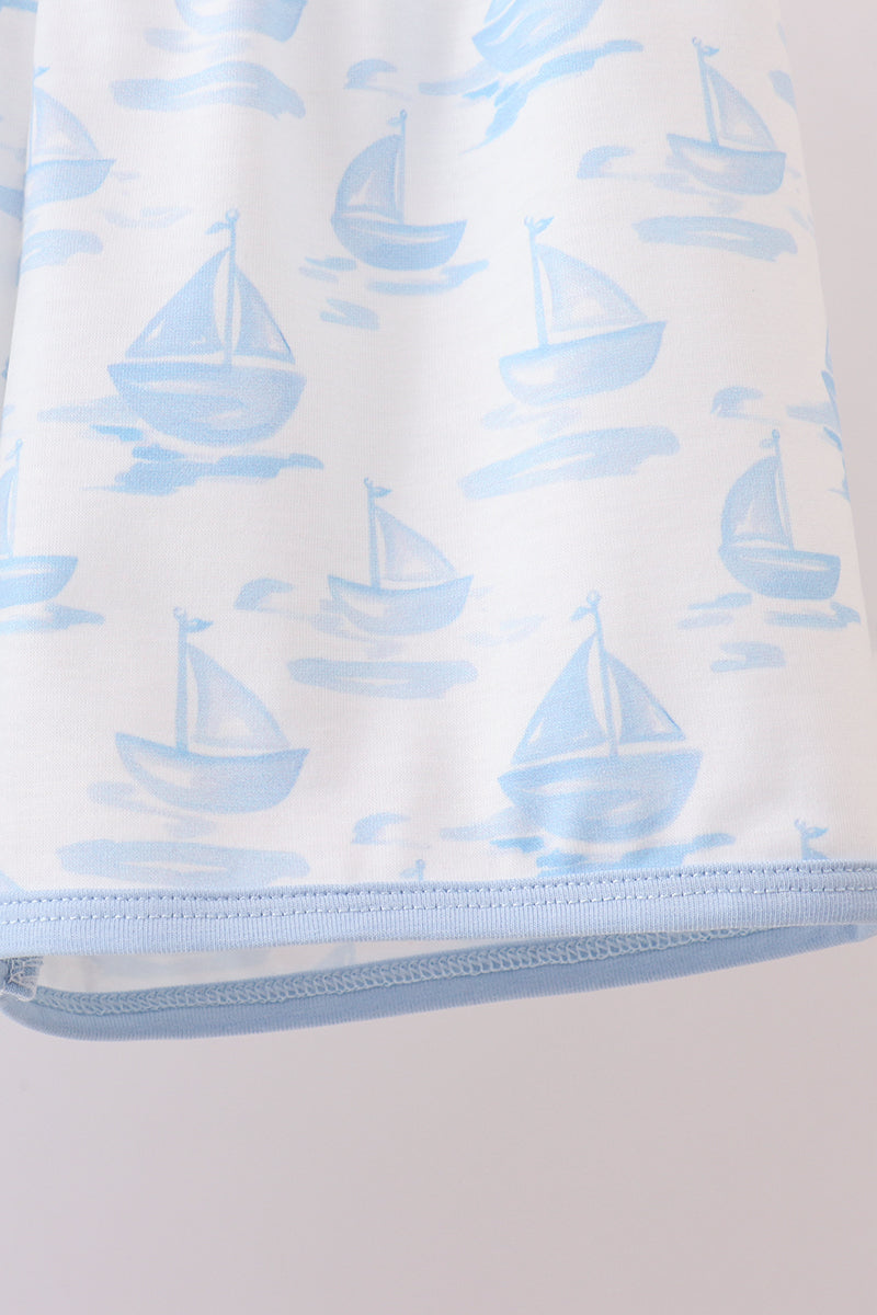 Blue Sailboat Embroidered Knit Boys Set
