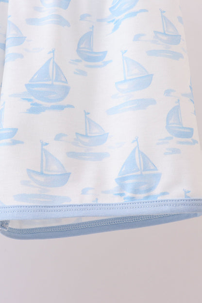 Blue Sailboat Embroidered Knit Boys Set