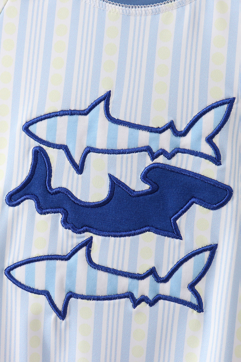 Blue Shark Applique Stripe Baby Boy Swimsuit