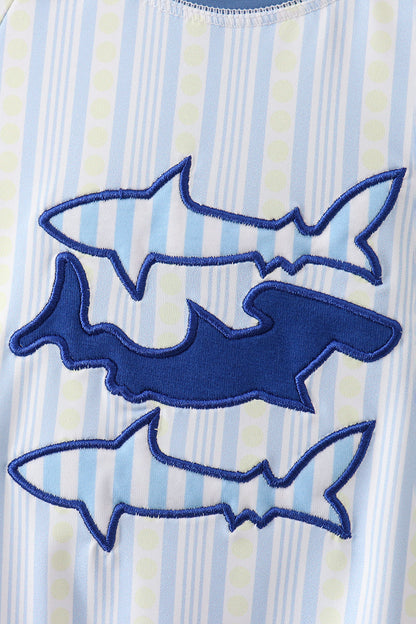 Blue Shark Applique Stripe Baby Boy Swimsuit