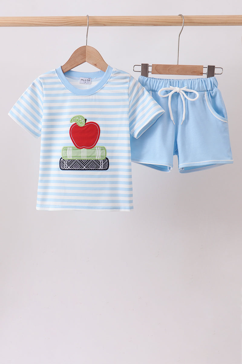 Blue Stripe Apple Book Appliqué Boys Set