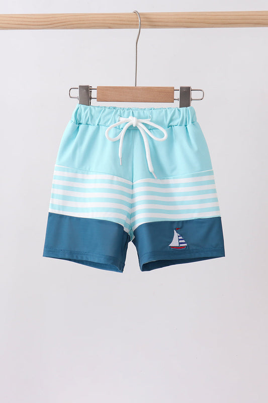 Blue Stripe Sailboat Embroidery Boys Swim Trunks