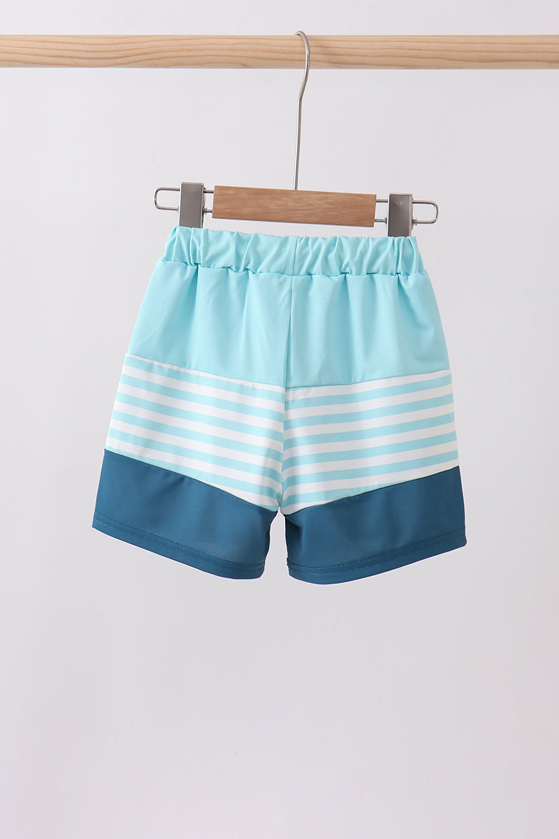 Blue Stripe Sailboat Embroidery Boys Swim Trunks