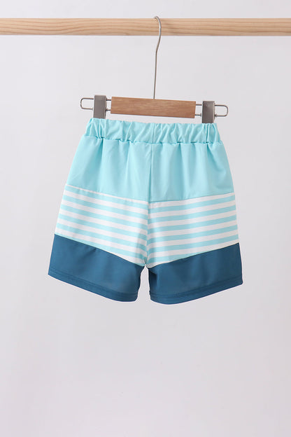 Blue Stripe Sailboat Embroidery Boys Swim Trunks