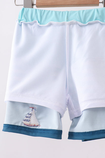 Blue Stripe Sailboat Embroidery Boys Swim Trunks