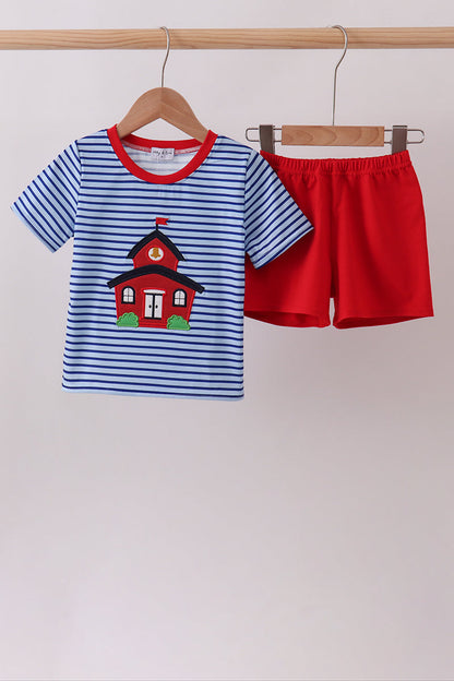 Blue Stripe Schoolhouse Appliqué Boys Set