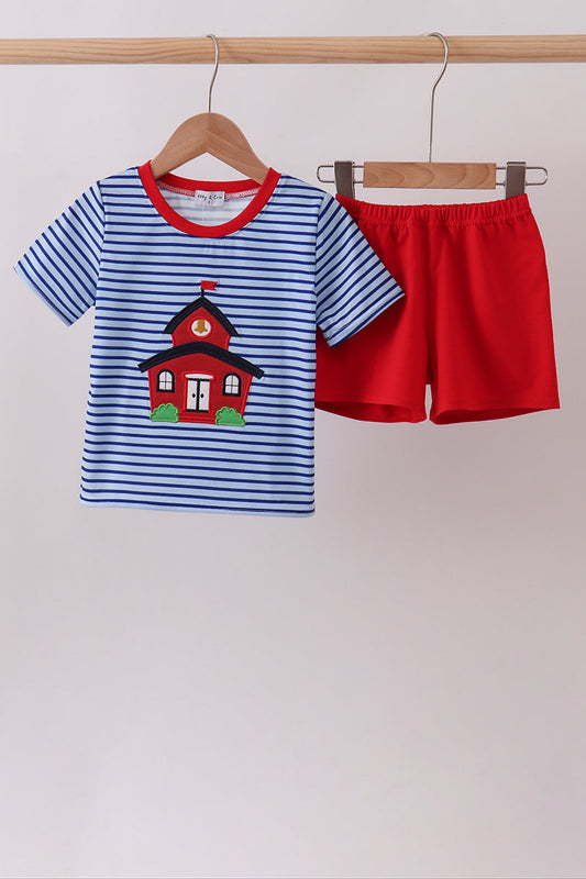 Blue Stripe Schoolhouse Appliqué Boys Set