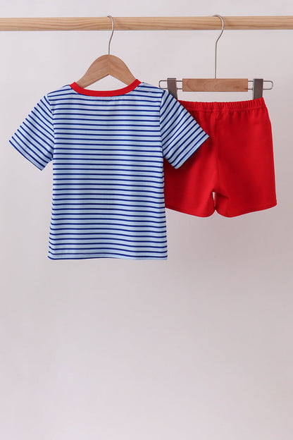 Blue Stripe Schoolhouse Appliqué Boys Set