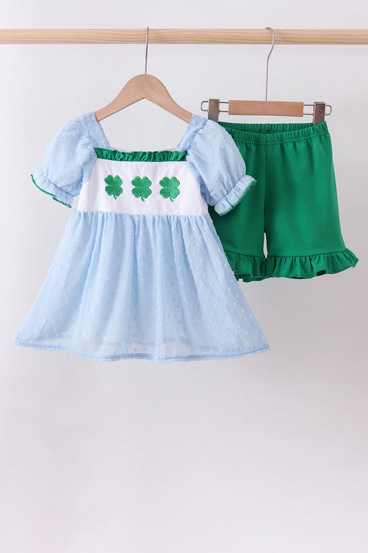 Blue Swiss dot & clover embroidery girl shorts set