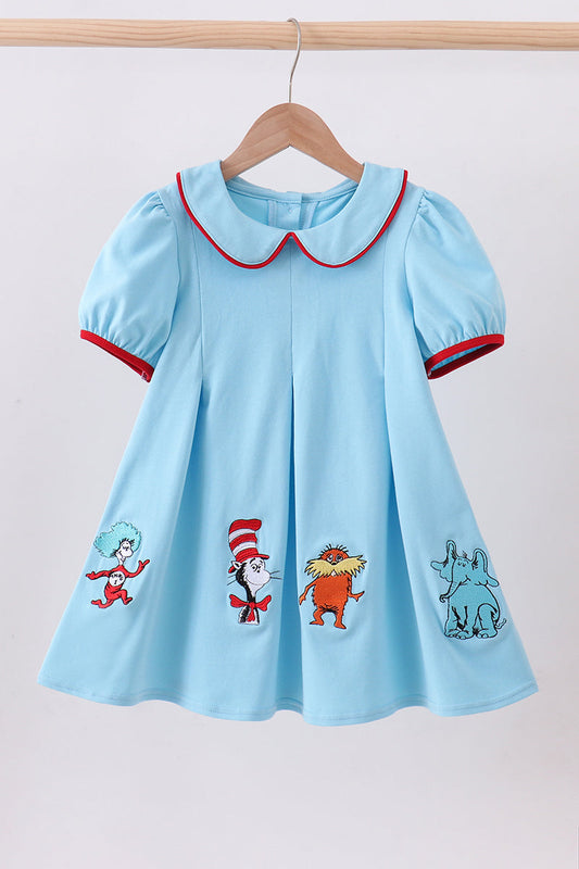 Blue book character embroidery girl's dress