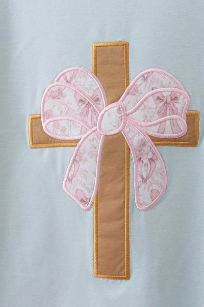 Blue bowknot cross applique top