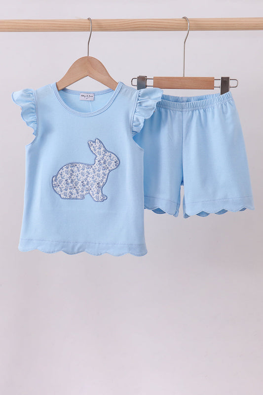 Blue bunny applique girl ruffle shorts set